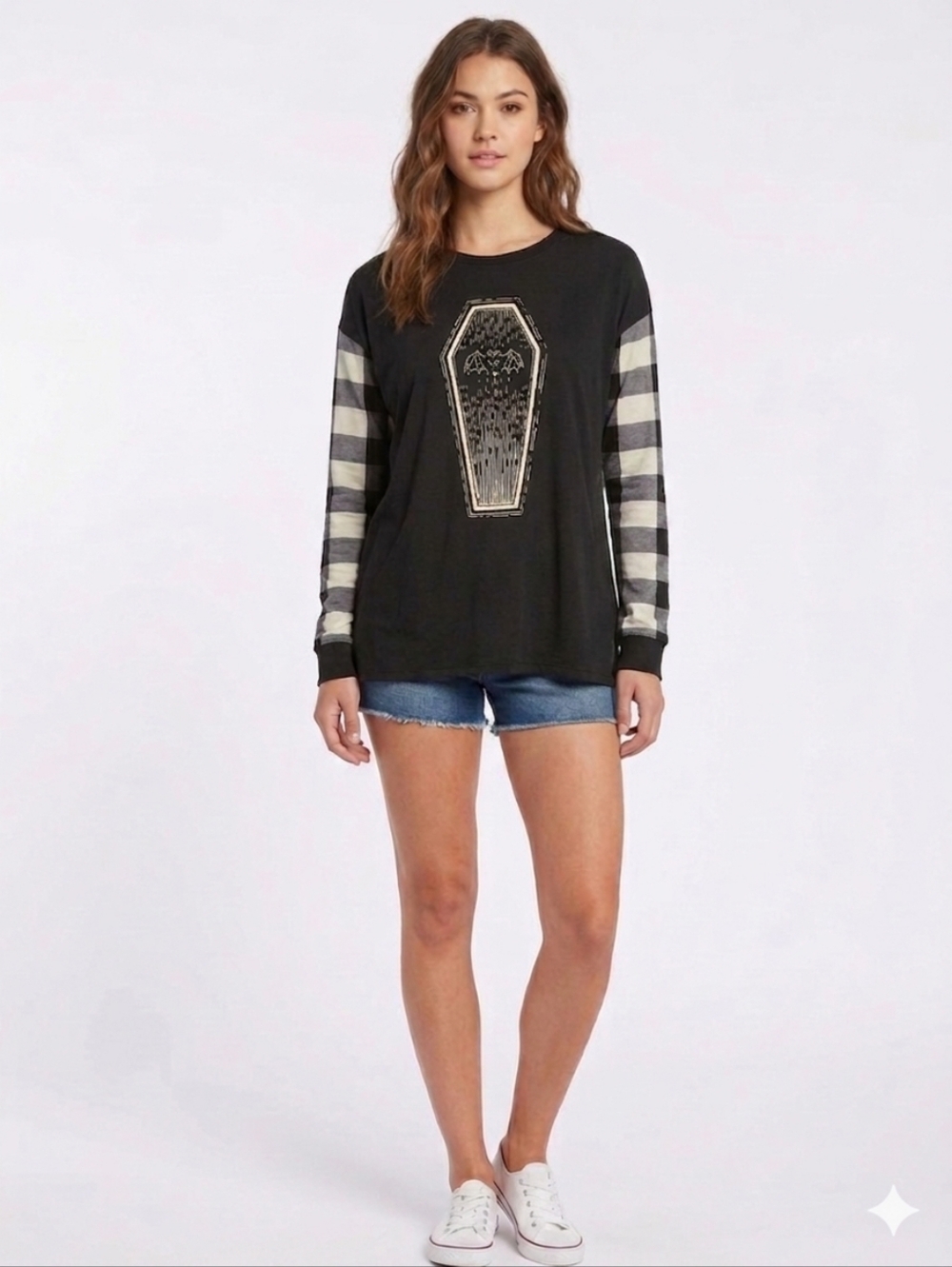 Black Long-Sleeve Graphic Top with Stripe Sleeves Up To Size 3XL